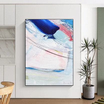 Hand Painted Art Blue, Pink & White Gestural Abstract, Large Painting In Living Room HS236