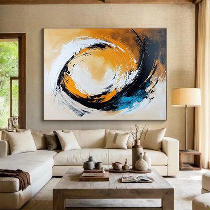 Extra Large Size Orange, Black, White, and Blue Abstract Swirl - Acrylic Painting WB295