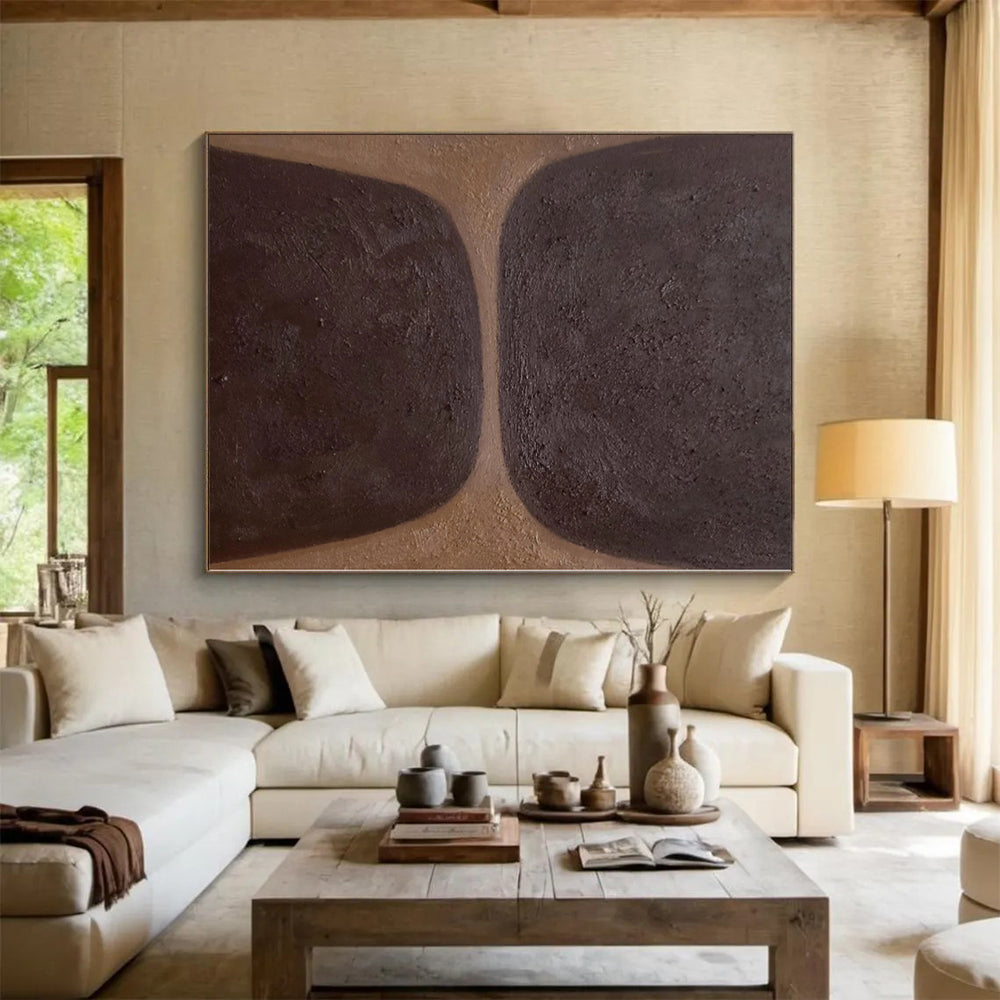 Hand-Painted Brown and Dark Brown Abstract Shape Painting For Sale HS032