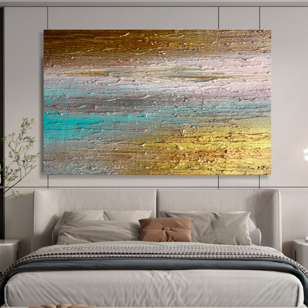 Gold, Teal, Gray Abstract Textured Striped Art For Sale WB392