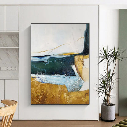 Hand Painted Art Blue, Green, and Gold Dynamic Abstract Painting On Canvas HS811