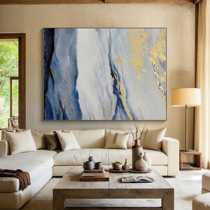 Hand-Painted Oversized Abstract Wall Art with Blue, Gray, Gold - Modern Art Acrylic for Living Room HS509