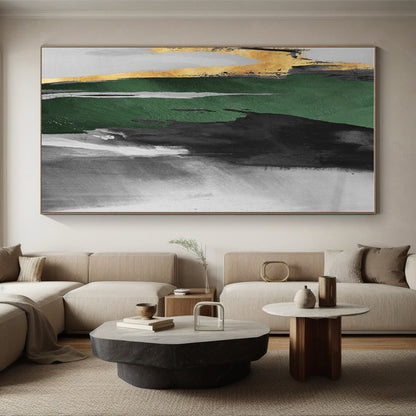 Handmade Art Oversized Abstract Wall Art with Green, Black, Gray, Gold Textured Brushstrokes - Acrylic Modern Art Painting HS536
