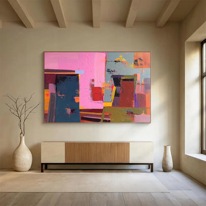 Huge Size Pink, Teal, and Multicolor Geometric Abstract Art, Abstract Acrylic Painting WB165