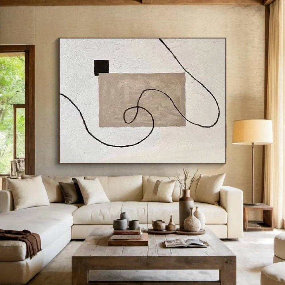 Hand-Painted Beige, Black, and White Abstract Line and Shape Painting For Sale HS064