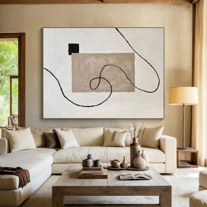 Hand-Painted Beige, Black, and White Abstract Line and Shape Painting For Sale HS064