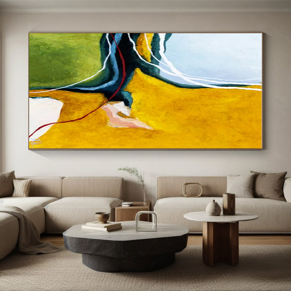 Unique Abstract Art Yellow, Green, and White Dynamic Abstract Painting On Canvas HS823