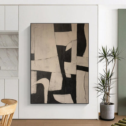 Hand-Painted Black & White Geometric Abstract, Acrylic Modern Art Painting HS317