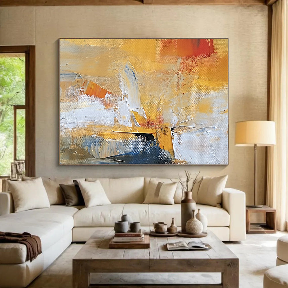 Oversized Abstract Wall Art Yellow, White, and Blue Abstract Expressive Painting For Sale HS148