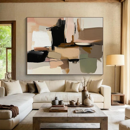 Hand-Painted Multicolor Beige Abstract Geometric Shape Painting For Sale HS055