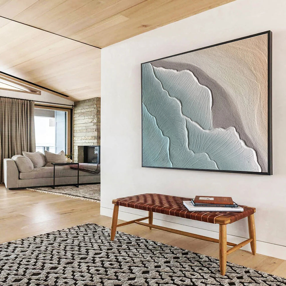 Hand Painted Art: Teal and Beige Textured Geometric Abstract Painting WB342