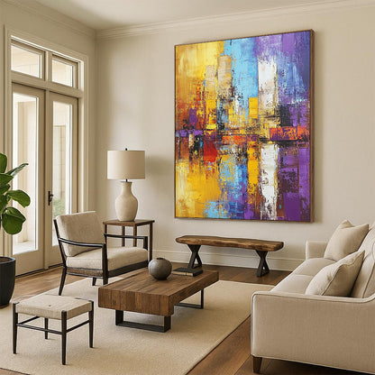 Gaint Canvas Art Multicolor Abstract Cityscape Painting For Sale HS121