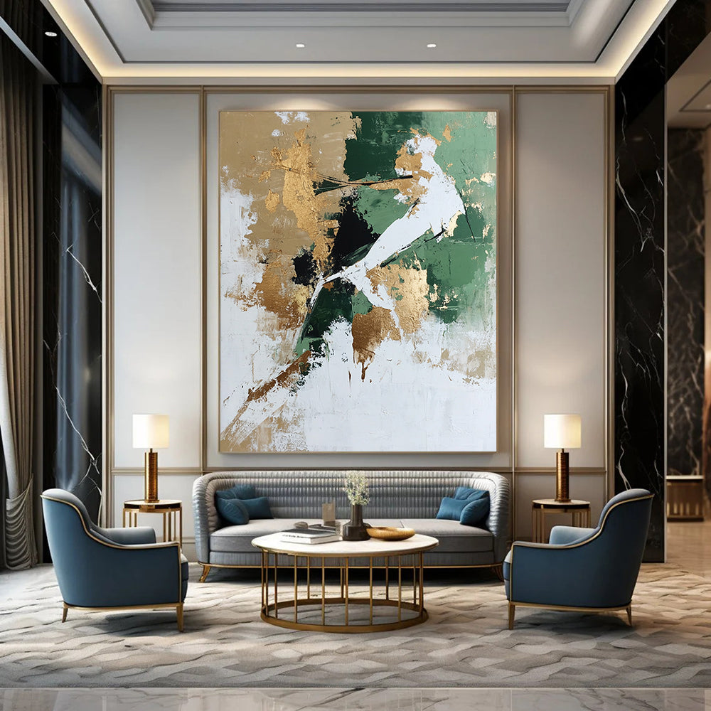 Green, Gold, White Abstract Textured Art For Living Room and Study WS434