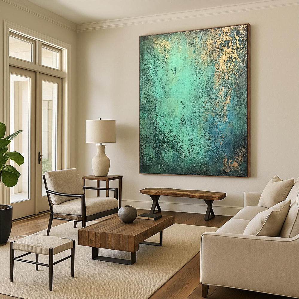 Modern Art Acrylic Teal and Gold Patina Abstract Painting HS178