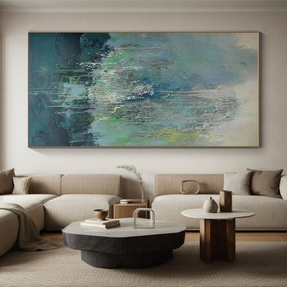 Hand-Painted Acrylic Modern Art Paintings with Teal, Blue, Green, White Dripping Textures - Large Painting In Living Room HS537