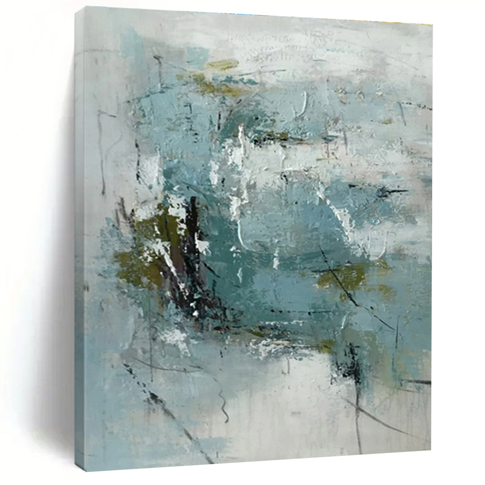 Handmade Art Teal & White Textured Abstract, Minimalist Canvas Art HS422
