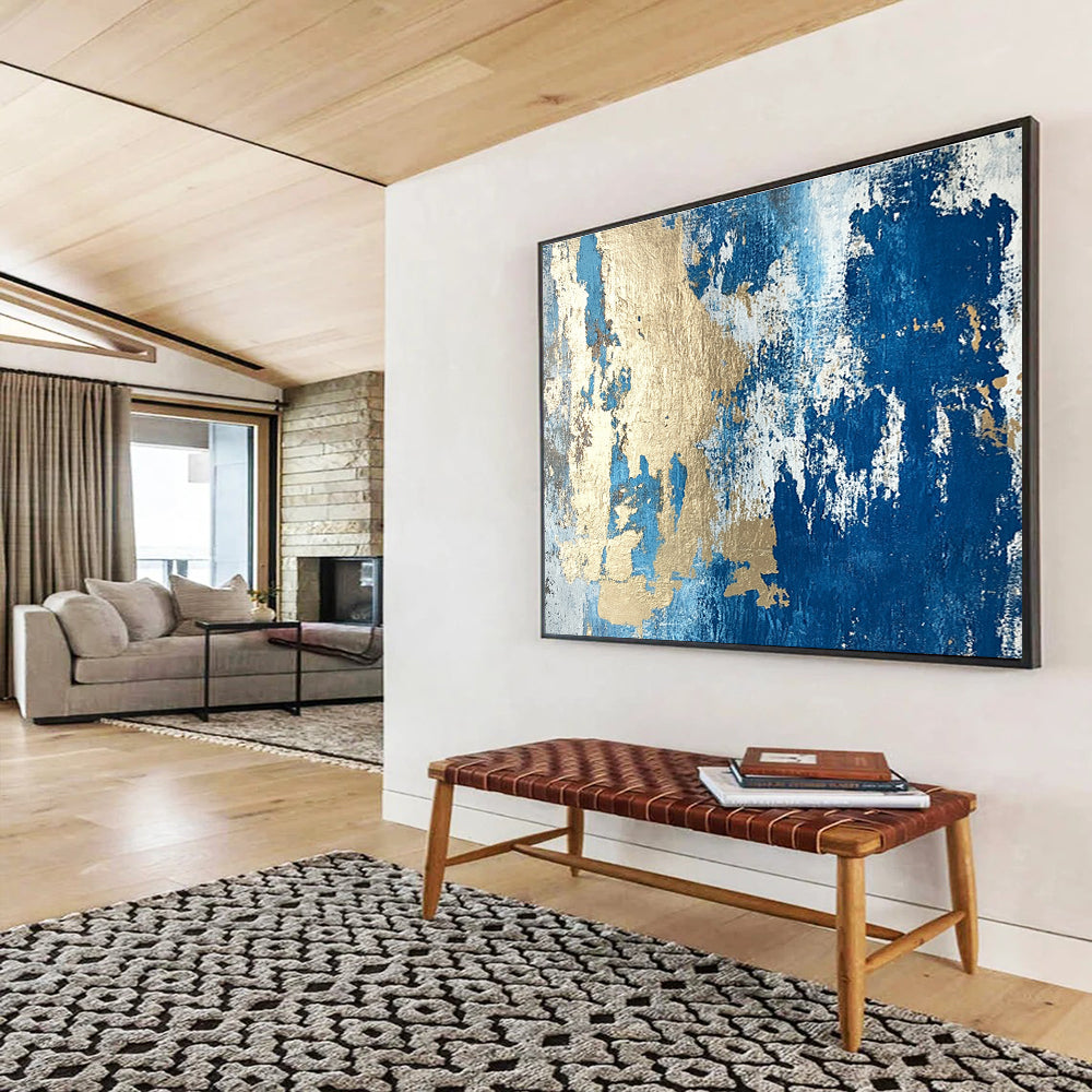Big Size Blue, White, and Gold Textured Abstract Art WB262