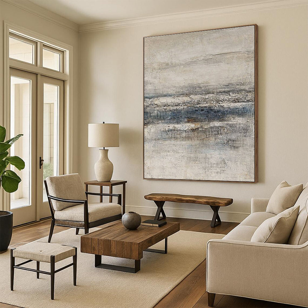 Beige, Gray, and Blue Textured Abstract Seaside Painting For Sale Online WS488