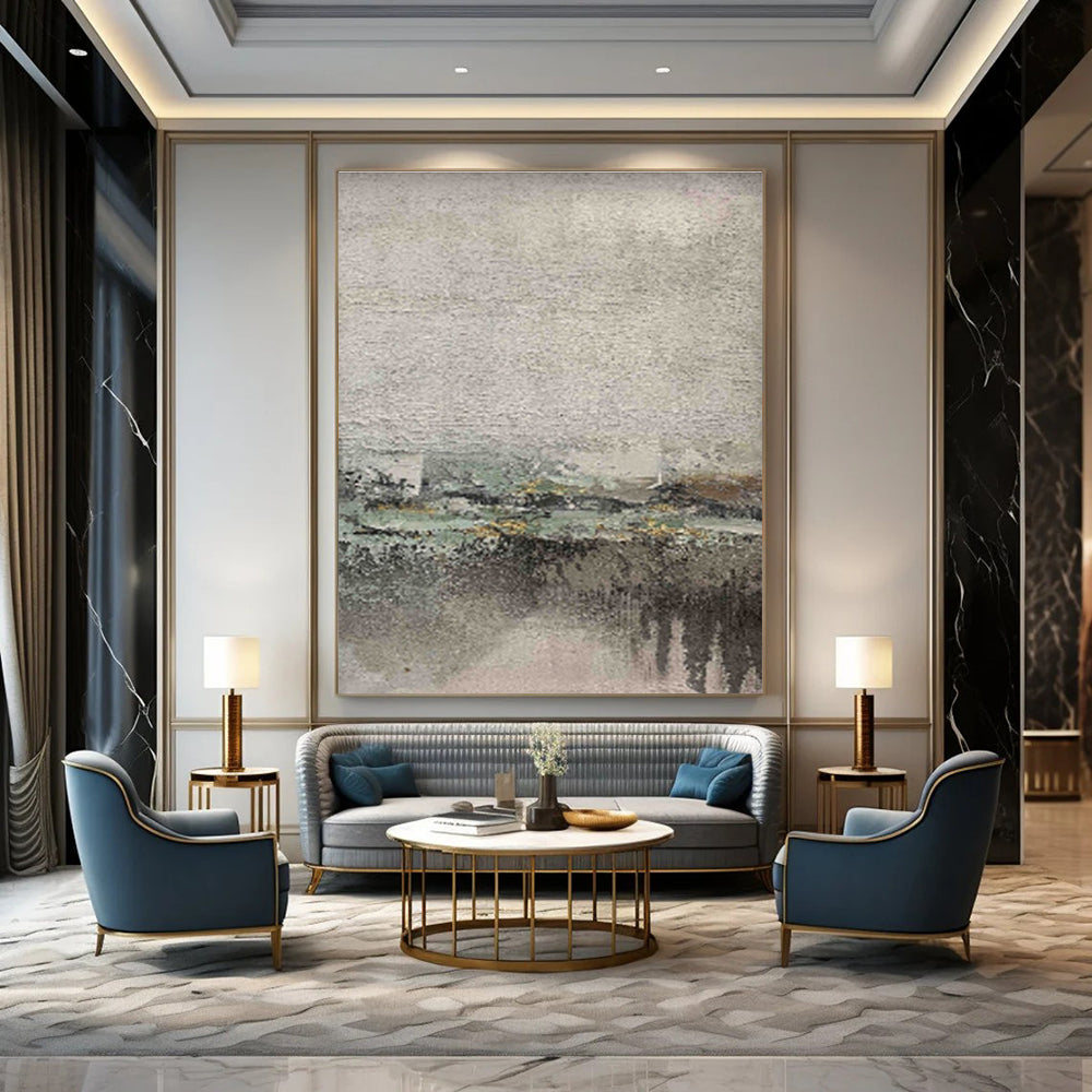 Gray, Green, and Yellow Textured Abstract Landscape Painting For Sale Online WS472