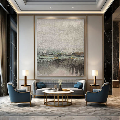 Gray, Green, and Yellow Textured Abstract Landscape Painting For Sale Online WS472