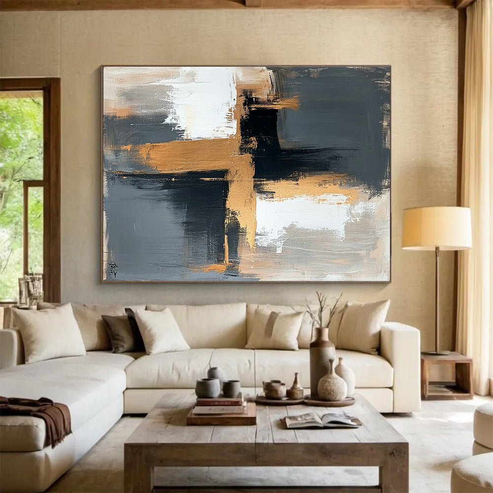 Contemporary Abstract Art with Black, White, Gold and Gray Colors, Minimalist Geometric Abstract Theme WB329