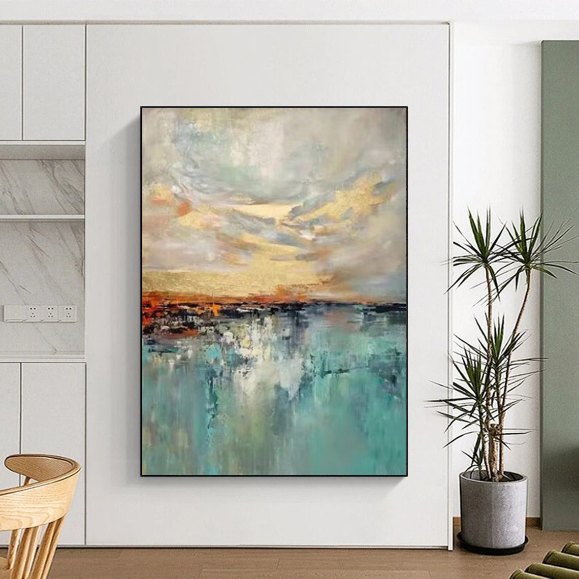 Multicolor Sky and Sea with Golden Accents Abstract Landscape Painting For Sale Online WS466