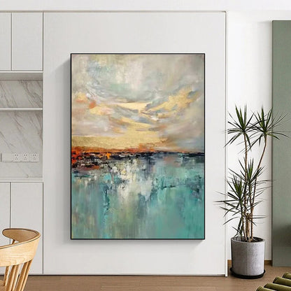 Multicolor Sky and Sea with Golden Accents Abstract Landscape Painting For Sale Online WS466