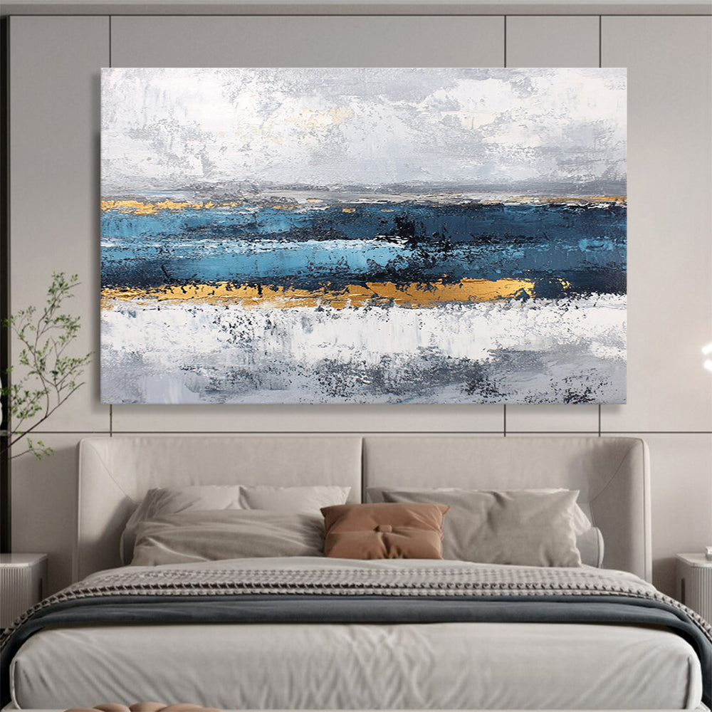 Horizontal Blue, Gray, and Gold Textured Abstract Art WB265