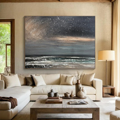 Gray, Black, White Abstract Starry Seascape Art For Sale WB409